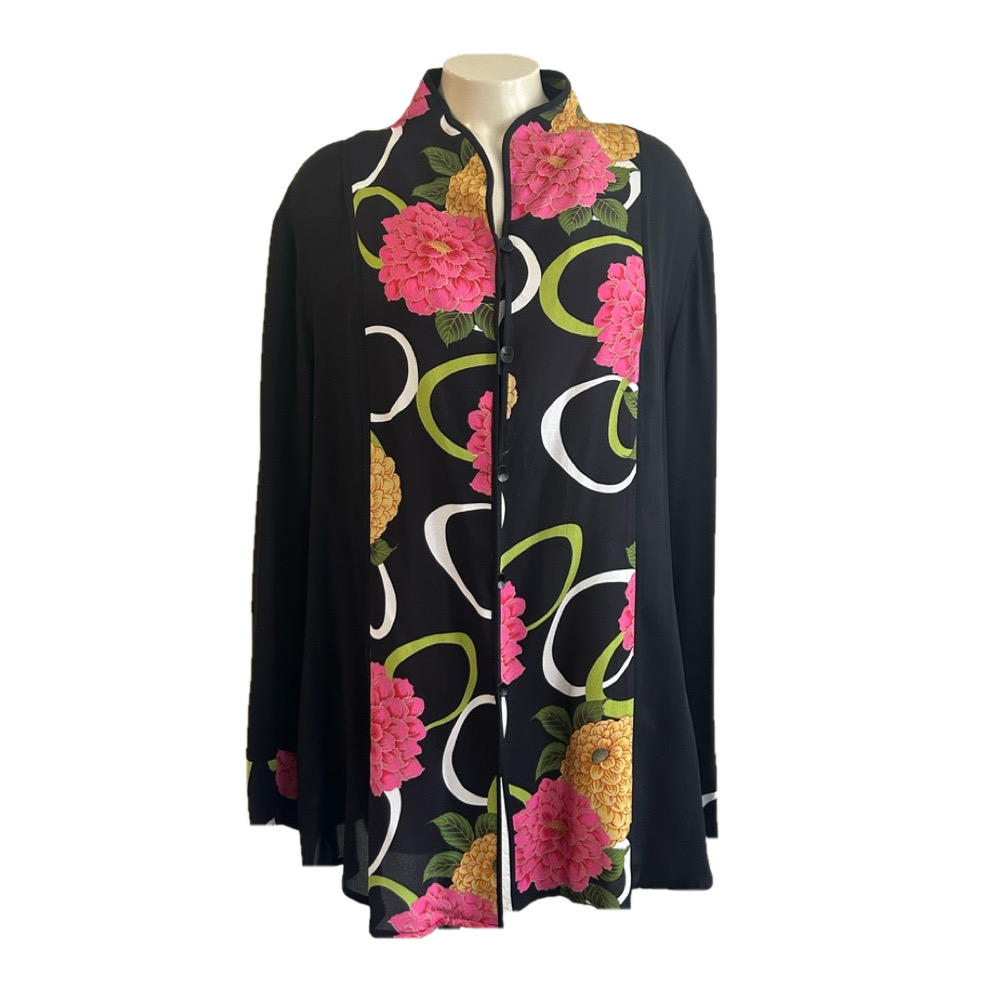 HARARI 100% silk Chic Black Pink Floral blouse sz OX - Picture 2 of 8